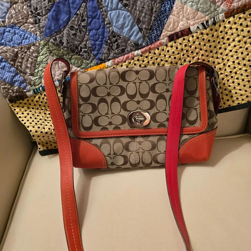 Coach Hampton Signature Flap Orange Leather Trim and Tan Crossbody Bag - Picture 1 of 9